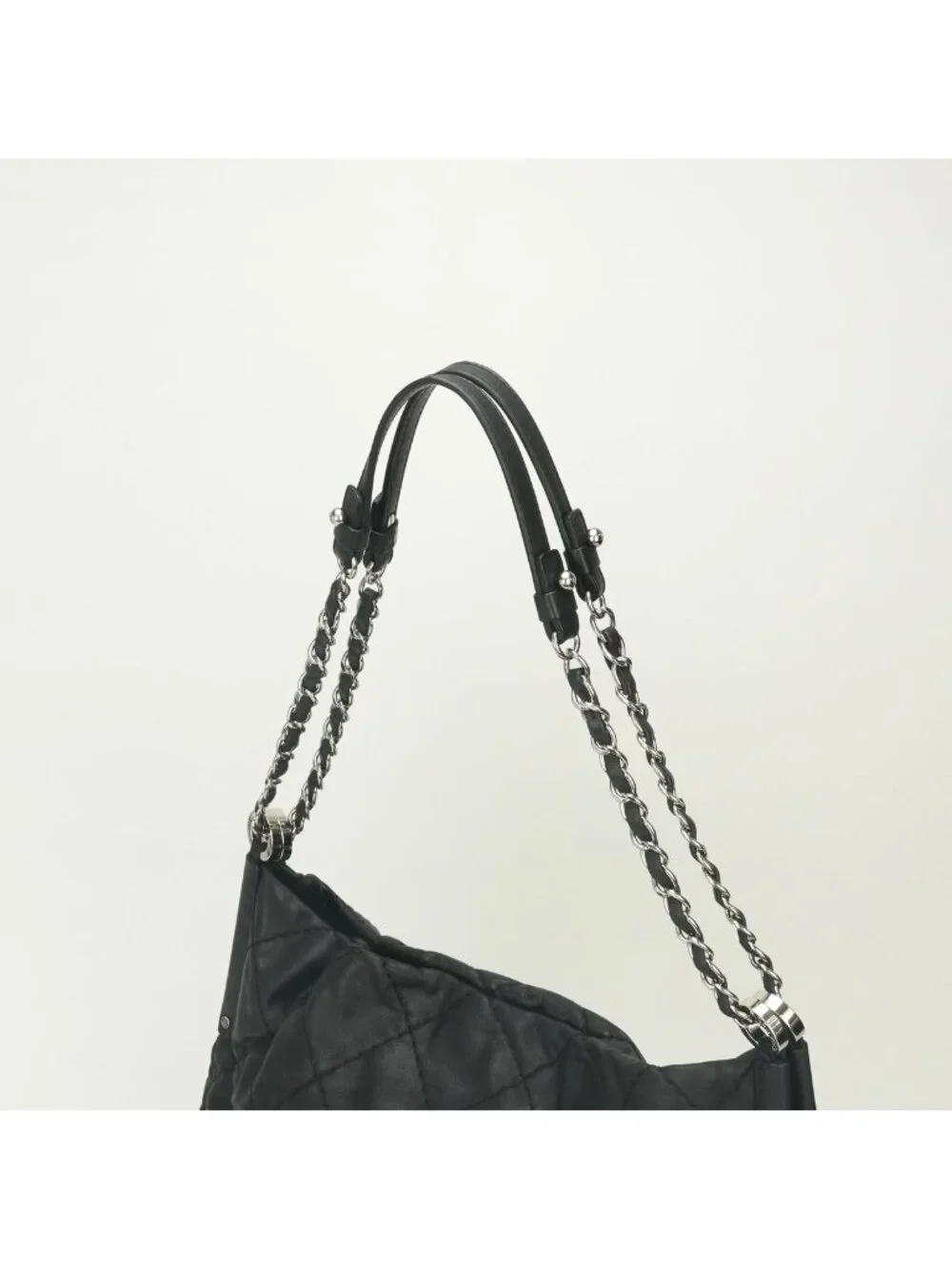 Chanel Quilted Tote Sparkle Leather Black Silver Handbag CC Logo Double Chain